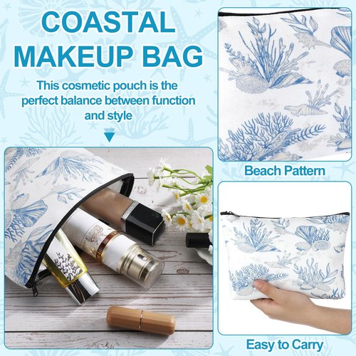Sunnymove 4 Pack Coastal Cosmetic Bags Beach Themed Gifts Starfish Seashell Conch Coral Makeup Pouches Zippered Travel Toiletry Bags for Women Beach Summer Trip Organizer Set(Fresh)