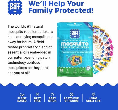 NATPAT Buzz Patch Mosquito Stickers for Kids - All-Natural Citronella, Non-Toxic, DEET-Free | 48 Pack