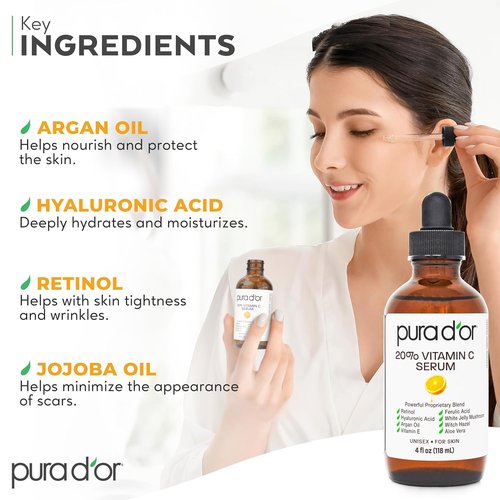 PURA D'OR 20% Vitamin C Facial Serum - Antioxidant Blend with Retinol & Hyaluronic Acid | 4 Oz Hydrating Formula for Daily Use