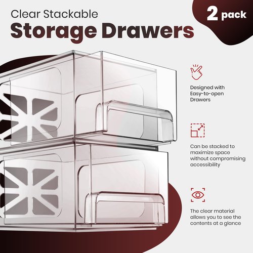 Oizeir Clear Stackable Storage Drawers - 2-Pack Acrylic Makeup Organizer Bins for Vanity, Bathroom, Countertop, Cabinet, or Kitchen - Perfect for Cosmetics, Office, and Small Item Organization