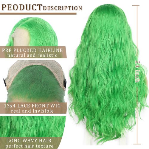 SAPPHIREWIGS 13×4 Green Synthetic Lace Front Wigs Long Body Wave Wig Pre Pluked Hairline Heat Resistant Hair for Women Wedding Party Christmas Uses 26inch