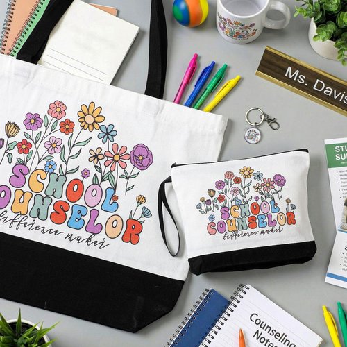 Kacctyen Employee Thank You Gifts Sets Canvas Tote Bag Makeup Cosmetic Bag Appreciation Keychains for Coworker Staff Women(3 Pcs,School Counselo)