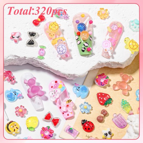 320Pcs Candy Nail Charms Kit, Cute Animal & Sweet 3D Nail Charms for Acrylic Nails Cartoon Gummy Bear Candy Lollipop Bee Fruit for Nail Art, DIY Craft with Tweezer and Pickup Brush