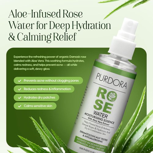 Rose Water Face Mist Toner by [Brand Name] - Hydrating Aloe Vera & Hyaluronic Acid Spray for Redness Relief - 4.05 fl oz