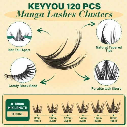 KEYYOULASH Manga Lash Clusters 8-18mm Fairy Eyelash Clusters Natural DIY Lash Extension Wispy with Soft Thin Band(MG03)