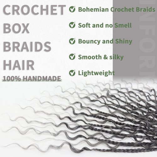 7 Packs Grey Crochet Box Braids Curly Ends 14 Inch Goddess Box Braids Crochet Hair 3X Bohemian Hippie Crochet Braids for Woman, 1B/Gray Braiding Hair Extensions