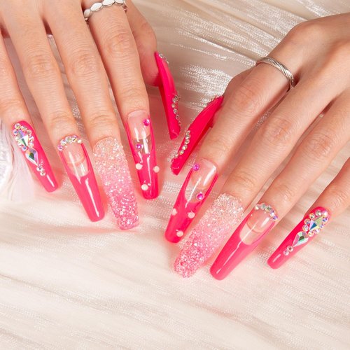 LOVFUL Press on Nails Pink Typhoon Square | Handmade with Full Covered Crystals | Reusable Full Cover Nails | Coffin Mid length 1.7 in | H38-M