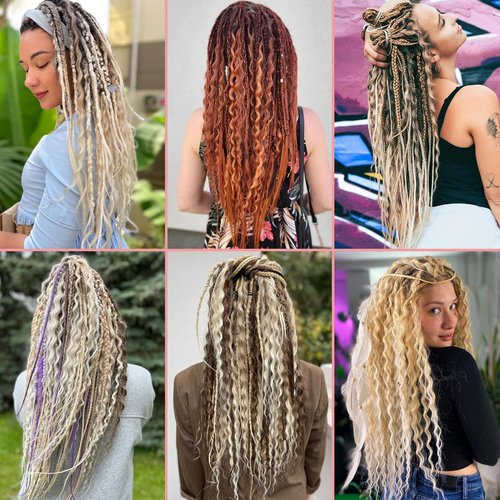 Leeven 30 Strands Double Ended Dreadlock Extensions 24 Inch Thin Synthetic Boho Dreads Ombre Honey Blonde 3 Style Mixed Full Set Wool DE Wavy Curly Hippie Dreads Braid in Soft Viking Dread for Women
