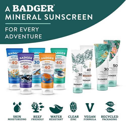 Badger SPF 50 Mineral Sunscreen - Lightweight, Moisturizing & Reef Safe | 4 fl oz, Unscented, 85% Organic