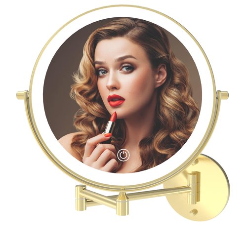 MIROAMZ Rechargeable Wall Mounted Lighted Makeup Vanity Mirror 9 Inch Double Sided 1X 10X Magnifying Bathroom Mirror, 3 Color Lighting, Touch Screen Dimming, 360 Rotation Shaving Mirror Gold