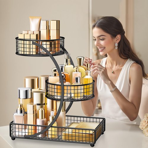 HBlife Makeup Organizer for Vanity, 3 Tier Metal Bathroom Countertop Organizers Skin Care Storage, Bathroom Counter Shelf Skincare Holder Perfume Cosmetic Display, Black