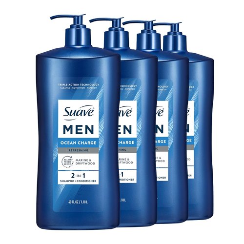 Suave Men Ocean Charge 2-in-1 Shampoo & Conditioner - Hydrating Pro Vitamin B5 Formula, Ocean Fresh Scent, 40 FL OZ Pump