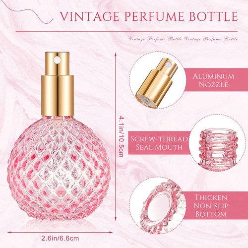 Teenyyou 4 Pack 100ml/3.4 oz Glass Spray Perfume Bottle Perfume Atomizer, Vintage Refillable Reusable Travel Cologne Dispenser Empty for Women with 3 Kinds of Dispenser (Pink)