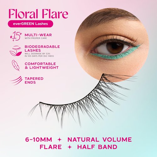 everGREEN Plant Lashes, Half Lashes, Strip Lashes, Natural Wispy Eyelashes, Fake Eyelashes, Plant Based Fibres, Flared & Natural Volume (Floral Flare) Half Lash