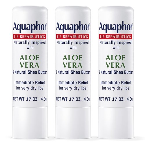 Aquaphor Naturally Inspired Lip Repair Stick with Aloe Vera and Natural Shea Butter, Hydrating Lip Balm Immediately Relieves Dryness and Soothes Chapped Lips, 0.17 Oz Stick, Pack of 3