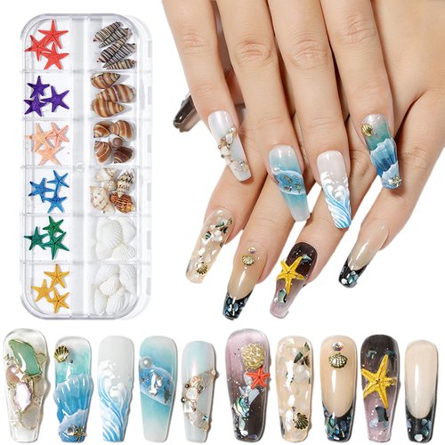 2 Boxes Summer Nail Art Rhinestones, 3D Ocean Theme Nail Charms Starfish Conch Seashell Designs Nail Art Rivets Manicure DIY Sea Series Nail Decorations for Women Girls (B)