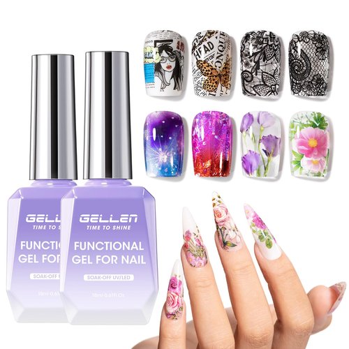 GELLEN 2Pcs Nail Foil Transfer Gel, 18ml Foil Glue Gel for Nails Stickers, Nail Foils Transfer Nail Art Glue Gel Polish, Complete Clear Transferred Pattern, Cure 30-60s, Non-toxic HEMA Free TPO Free