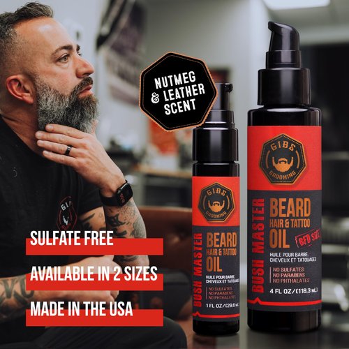 GIBS GROOMING Bush Master Beard, Hair & Tattoo Oil- All-Natural with Nutmeg, Leather, Vanilla & Musk Scent- Softens & Strengthens Beard Growth, Moisturizes Skin, 1 Fl Oz (Pack of 1)