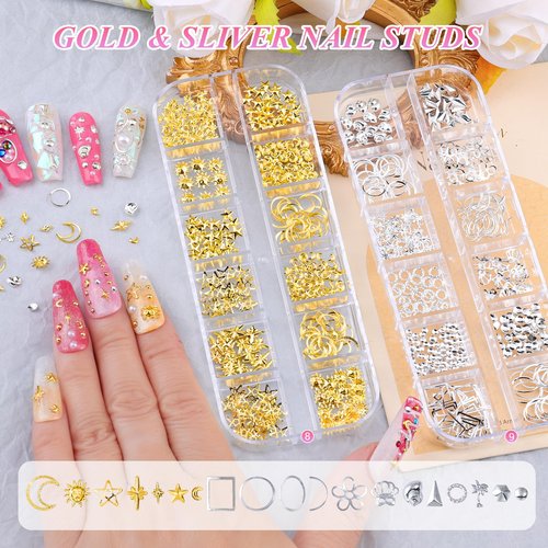 12 Boxes Nail Gems and Charms, Gold Charms for Nails Rhinestones Kit with 30 Sheets Nail Art Stickers Crystals Flatback Pearls Nail Decals Fruit Nail Charms Pearls for Nails Design DIY Accessories