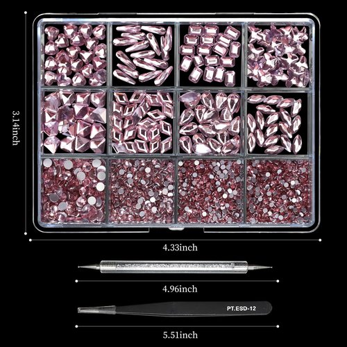Cycullinyt 1660Pcs Pink Nail Art Rhinestones: 8 Types of Multi Shapes Diamonds + 4 Sizes Flatback DIY Crafts Rhinestone Crystals 3D Glass Stones Set + Tweezer + Pickup Pen