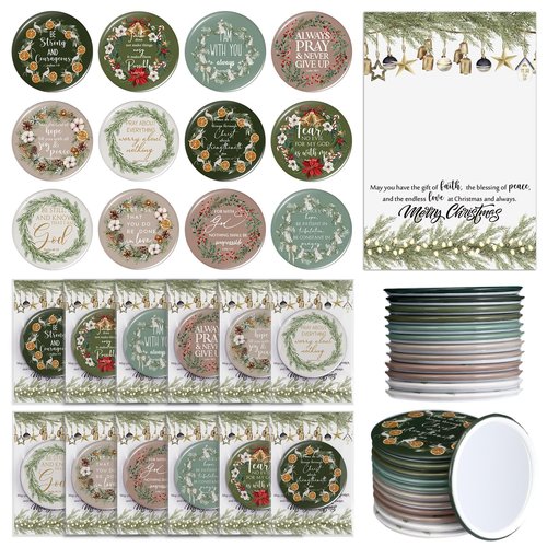 Thyle 36 Sets Christmas Christian Gifts Bulk Bible Verse Compact Mirrors Mini Christian Pocket Mirror Portable Round Makeup Mirrors with Christmas Greeting Cards for Women Xmas Church Party Favors
