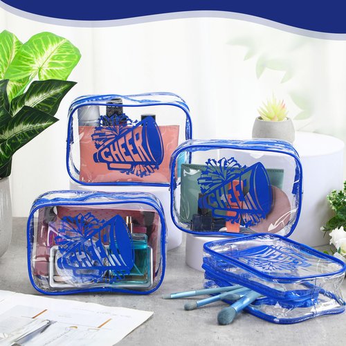 Kacctyen 24 Pcs Cheer Team Gifts Cheer Makeup Bag Bulk for Team Sport Gifts PVC Clear Cosmetic Bag Cheerleader Makeup Case Toiletry Zipper Pouch for Sport Cheerleading, 7x4.7x2.4''(Blue)