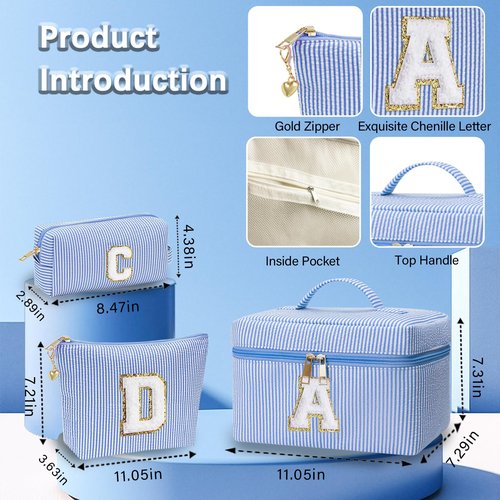 Personalized Monogram Makeup Bag, 3PCS Custom Monogrammed Toiletry Cosmetic Bag for 6-18 Teen Girls Women,Birthday Graduation Gifts Initial Pouch Makeup Bags for Women Girls, Make Up Bag (A, Blue)
