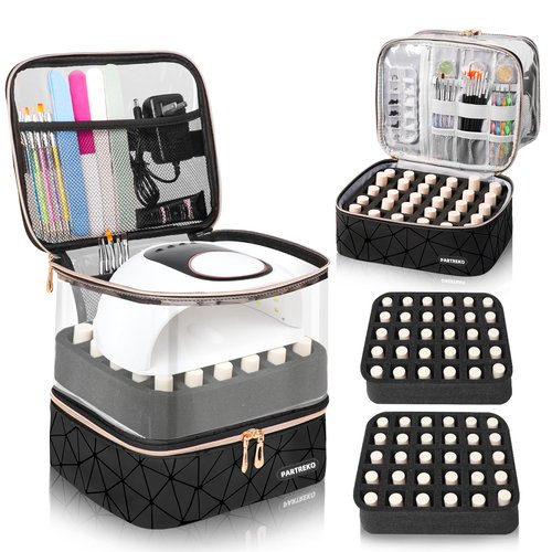 Partreko Clear Nail Polish Organizer Holds 60 Bottles (15ml/0.5fl.oz)& Nail Lamp, Double Layer Nail Supplies Organizer Case Transparent, PU Leather Nail kit Storage Bag for Manicure Tools (Black)