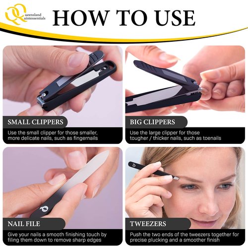 Queensland Quintessentials Nail Clipper Set - Nail Clippers for Men/Women - Includes Toenail/Fingernail Clippers, Tweezers, Crystal Nail File - Perfect for Thick Nails - Manicure/Pedicure Tool Kit