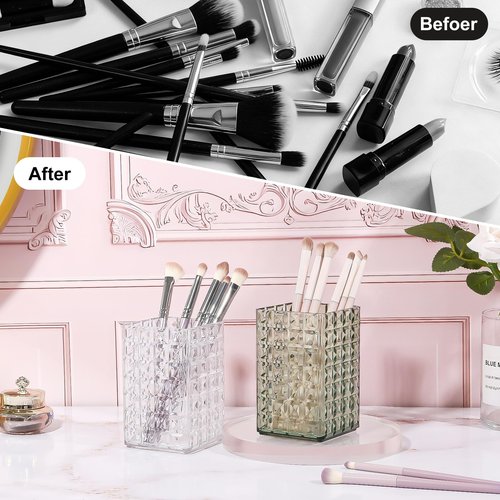 DASITON Makeup Brush Holder Organizer, Acrylic Makeup Brush Cup, Diamond Striped Make Up Brush Holder for Vanity, Bathroom Countertop, Toothbrush Holders, Pen Holder for Desk Storage (Green)