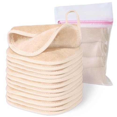 Natwag Makeup Remover Cloth - Reusable Microfiber Face Towels | 12 Pack, 6" x 6", Beige with Mesh Bag