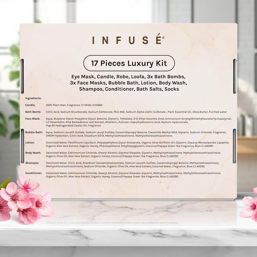 17-Piece Luxury Gift Set with Robe | Complete INFUSÉ White Tea & Coconut Bath Collection | Self-Care Kit with Bath Bombs, Face Masks & Hair Care | Bridesmaid, Mom, Wife, Grandma or Loved Ones