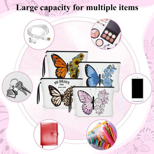 Cunno 4 Pcs Butterfly Makeup Bags for Women Canvas Cosmetic Butterfly Flowers Gifts for Girls Birthday Canvas Purse Travel Makeup Bags Zipper Pouch for Ladies Coworker