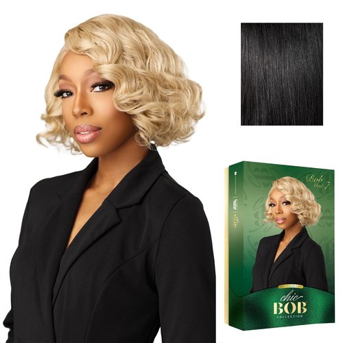 Sensationnel Chicbob Lace Frontwig - Bob Unit 7 Face Framing Glueless Wig Wide 5 Inch Deep Part Synthetic Preplucked Hairline (1 JETBLACK)