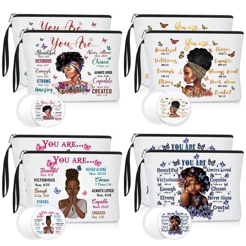 Roowest 20 Pcs Black Women Gifts Bulk Makeup Bag with Inspirational Compact Mirrors, Funny Small Travel Cosmetic Gifts for Womens Day Black Women