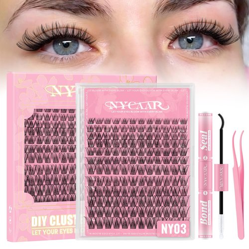 NYCAAR Lash Clusters Kit Wispy Natural Lash Extension Kit D Curl 144Pcs Fluffy Individual Lashes 8-18mm Anime Eyelash Extension Kit with Bond and Seal,Applicators DIY Lashes Kit at Home(NY03)