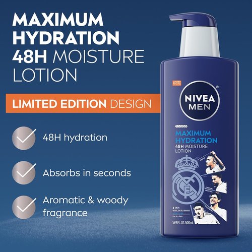 NIVEA MEN Maximum Hydration Body Lotion - 48-Hour Moisture for Dry Skin | Aloe Vera, 16.9 Fl Oz