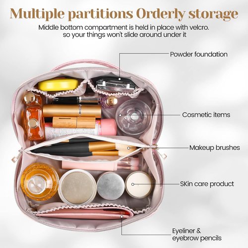 SFXULIX Large Capacity Travel Cosmetic Bag - Waterproof PU Leather Makeup Organizer | Pink with Handle & Divider