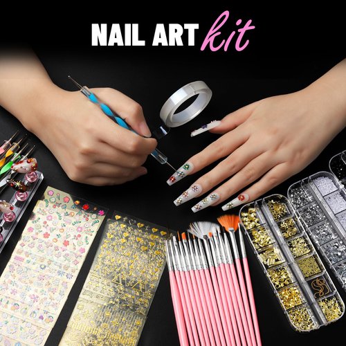 FANDAMEI Nail Art Brushes, Nail Art Kit with Nail Art Brush, Dotting Tools, Nail Rhinestones Pearls, Nail Charms and Gems, Nail Stickers for Women Decals, Nail Stand for Press on, Nail Design Kits