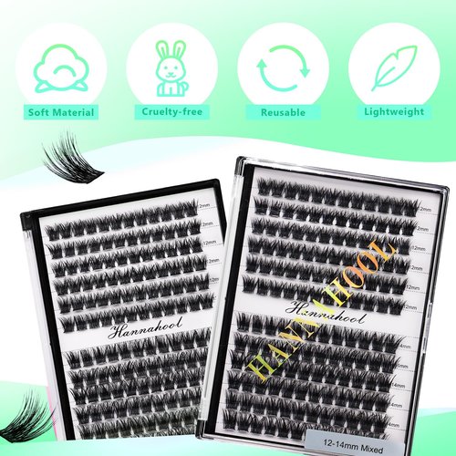 Hannahool 12rows-Large Tray Mixed 8-10-12-14-16mm/Mixed 14-15-16mm/Mixed14mm-16mm/Mixed 18-20mm Wide Stem Individual False Eyelashes Dramatic Black Cluster Eyelashes (Lashes Kit-12-14MM)