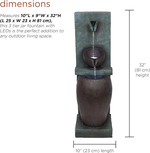 Alpine Corporation 32" 3-Tier Jar Fountain - Elegant Outdoor Water Feature with LED Lights | Gray Ceramic Garden Décor