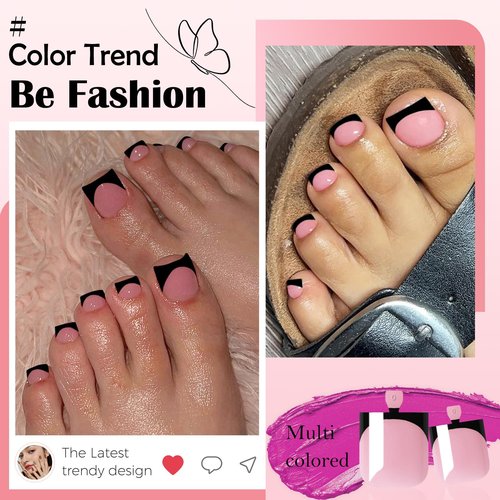 150pc French Tips Press on Toenails Women Toe Nail Press ons, Black French Tip Toe Press on Nails Fake Toenails Square Fake Toes Nail Tips Glue on Toenail Stick Acrylic Toes Nails Kit with Glue Tab