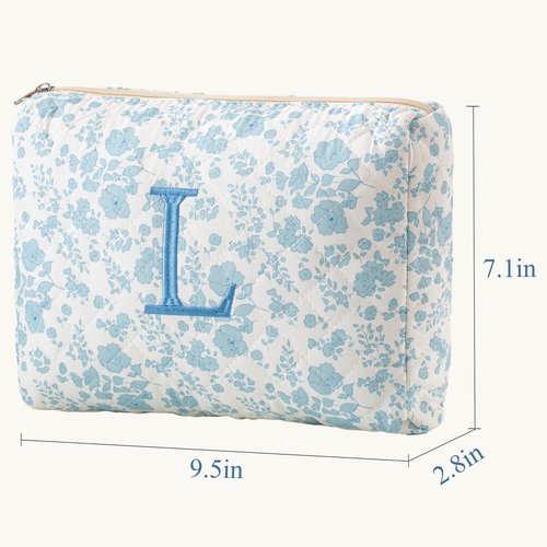 HBselect Initial Quilted Makeup Bag, Cotton Large Travel Makeup Bag, Cute Floral Coquette Make up Bag Cosmetic Bag Toiletry Bag for Women Girls L