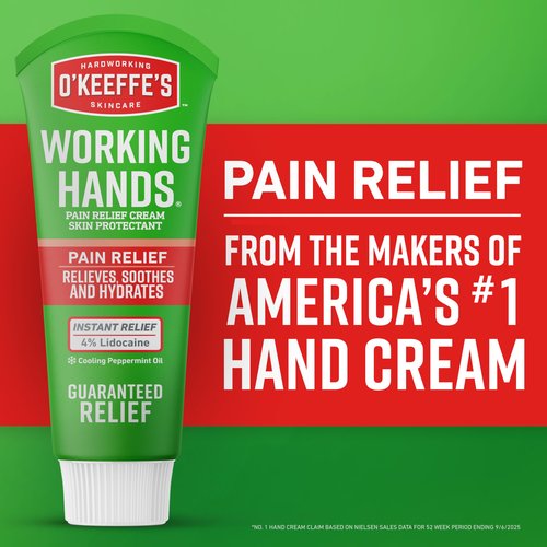 O'Keeffe's Working Hands Pain Relief Cream Skin Protectant with 4% Lidocaine and Cooling Peppermint Oil for Instant Relief from Pain, Itching, Irritation and Dryness, 3oz Tube