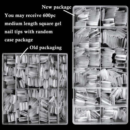 LoveOurHome 600pc Medium Square Fake Nail Tips, Clear Press on Nails Square Acrylic Nail Full Cover False Fake Nails Medium Soft Gel Nail Tips Artificial Fingernails for Gel Nail Extension