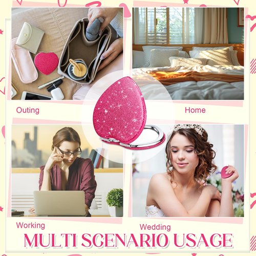 Briwooody 4 Pcs Valentine's Day Heart Compact Folding Mirror Mini Vanity Mirror Double Sided Cute Glitter Cosmetic Gift Portable Travel Magnifying Makeup Supplies for Women Mom Home(Rose Red)