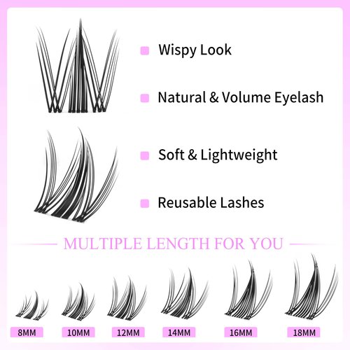 VEYESBEAUTY Manga Lash Clusters Eyelash Extensions Thin & Invisible Band DIY Individual False Eyelashes Newbie's Five-Second Series Wispy Lash Tray for Self-application, Lashes 8-18mm Mixed Length