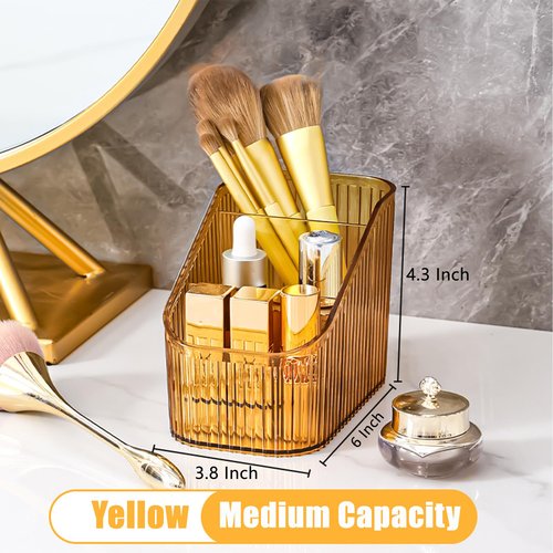 Freebirdly Makeup Organizer Cosmetics Storage Box, Large Capacity Make Up Brush Holder Organizer Vanity Accessories, Bathroom Countertops, Desk Storage Container, Cosmetic Display cases(Yellow-S)