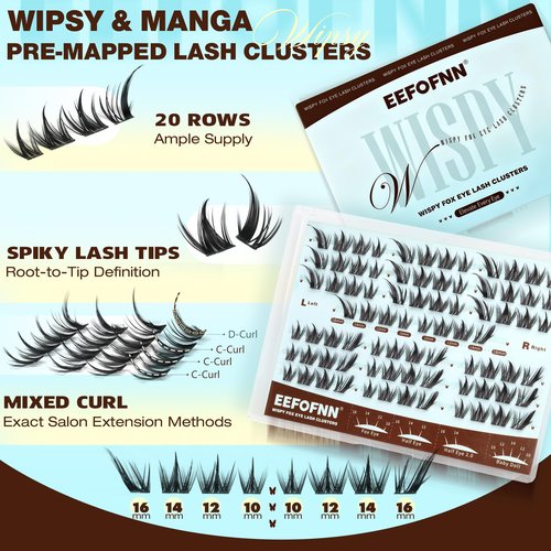 Manga Lash Clusters Wispy Eyelash Clusters Spider Lashes Anime Cluster Eyelash Extensions Natural Lash Cluster Fox Eye Individual Lashes Spiky Cluster Lashes DIY Lash Extensions (10-16mm,C Curl)