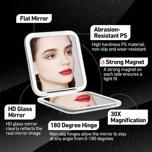 30X Magnifying Mirror, Compact Travel Mirror for Purse & Pocket, Double-Sided 1X/30X HD Makeup Mirror with Tweezers - Portable Mirror for Eyebrow Plucking, Daily Beauty & Travel Essentials, Black